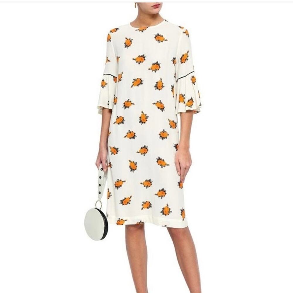 GANNI Mini Dress White Floral Print Short Ruffle Sleeve Shift